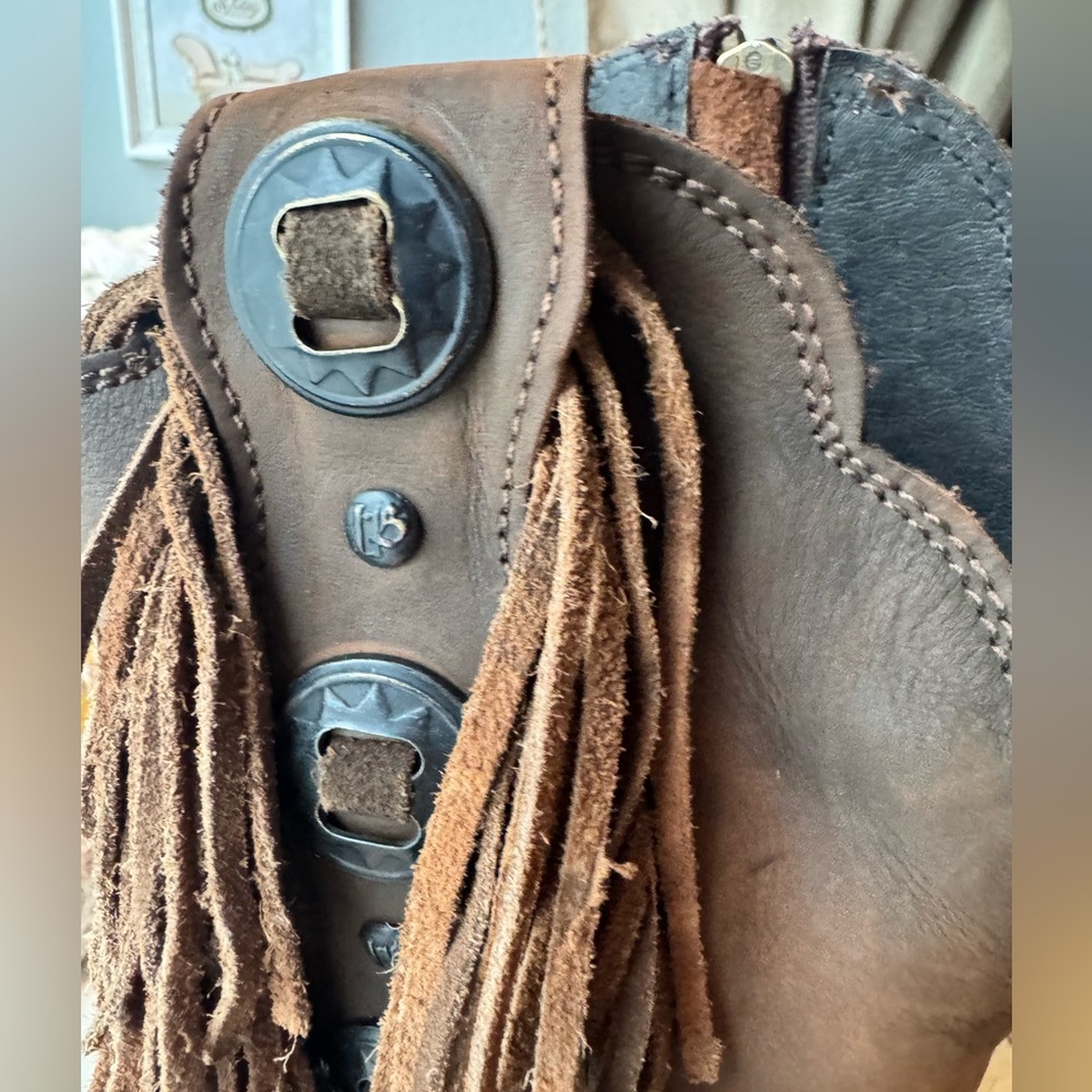 Like New, With Box Liberty Black Brown Fringe Trim Heeled Ophelia Cowboy Boots - Picture 14 of 17